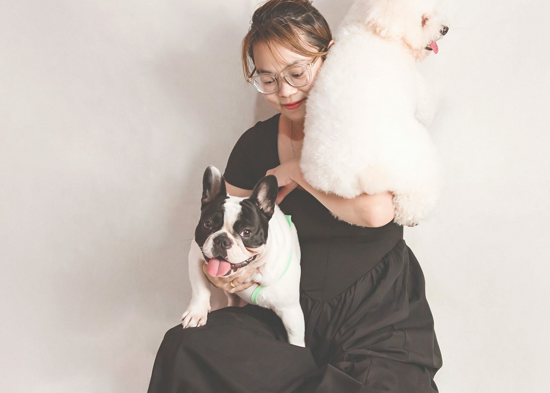 Charming portrait of a woman holding a French Bulldog and a Bolognese dog with a soft backdrop.